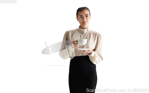 Image of Beautiful business woman, secretary, manager isolated on white studio background.