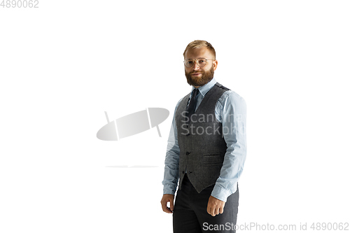 Image of Cheerful handsome businessman isolated over white studio background