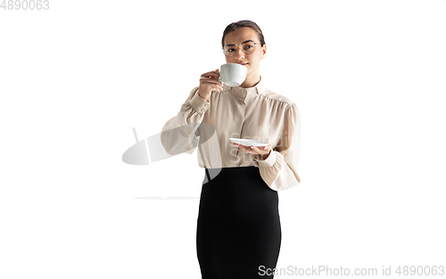 Image of Beautiful business woman, secretary, manager isolated on white studio background.