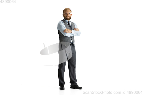 Image of Cheerful handsome businessman isolated over white studio background