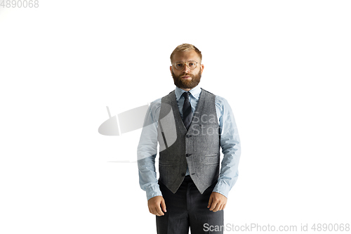 Image of Cheerful handsome businessman isolated over white studio background