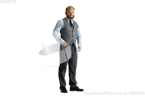 Image of Cheerful handsome businessman isolated over white studio background