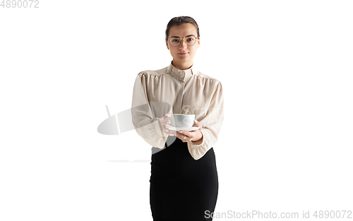 Image of Beautiful business woman, secretary, manager isolated on white studio background.