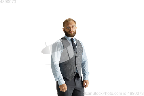 Image of Cheerful handsome businessman isolated over white studio background