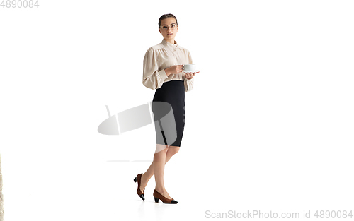 Image of Beautiful business woman, secretary, manager isolated on white studio background.