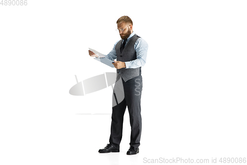 Image of Cheerful handsome businessman isolated over white studio background