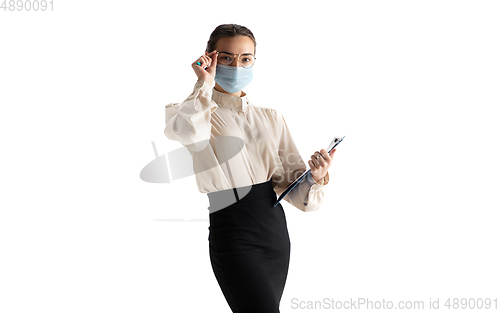 Image of Beautiful business woman, secretary, manager isolated on white studio background.
