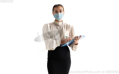 Image of Beautiful business woman, secretary, manager isolated on white studio background.