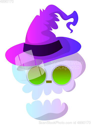 Image of Cartoon skull with purple halloween hat vector illustartion on w