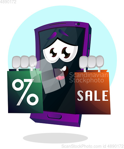 Image of Mobile emoji holding a sale sign illustration vector on white ba
