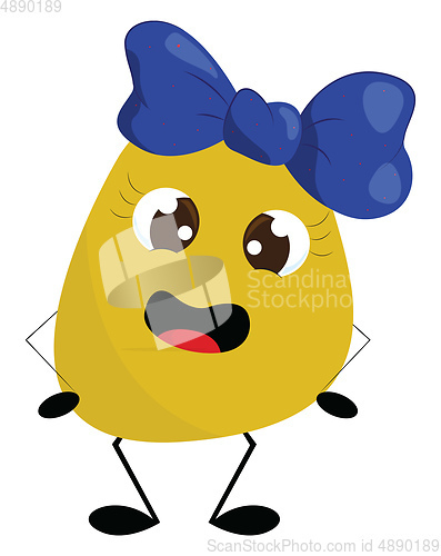 Image of A funny girl yellow monster with blue bow-clip on the center of 