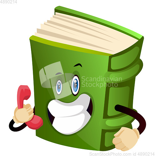 Image of Green book talking on the phone, illustration, vector on white b