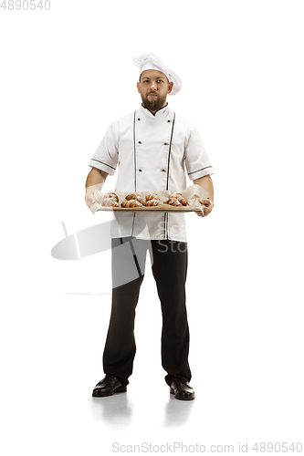 Image of Cooker, chef, baker in uniform isolated on white background, gourmet.