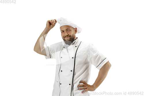 Image of Cooker, chef, baker in uniform isolated on white background, gourmet.