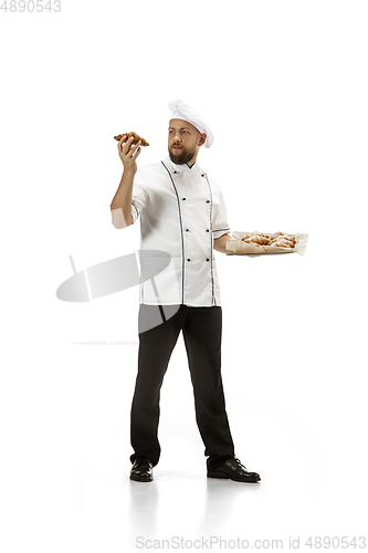Image of Cooker, chef, baker in uniform isolated on white background, gourmet.