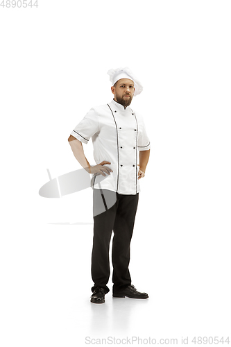 Image of Cooker, chef, baker in uniform isolated on white background, gourmet.