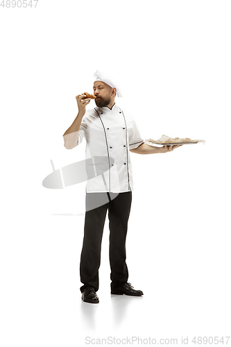 Image of Cooker, chef, baker in uniform isolated on white background, gourmet.