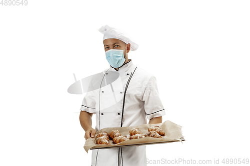 Image of Cooker, chef, baker in uniform isolated on white background, gourmet.