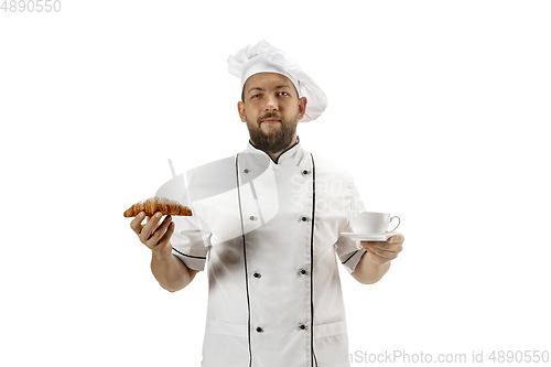 Image of Cooker, chef, baker in uniform isolated on white background, gourmet.