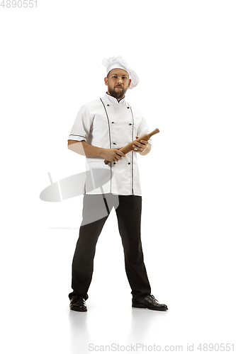 Image of Cooker, chef, baker in uniform isolated on white background, gourmet.