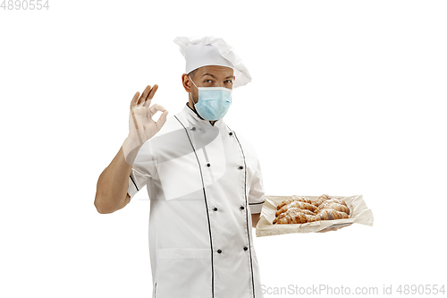 Image of Cooker, chef, baker in uniform isolated on white background, gourmet.