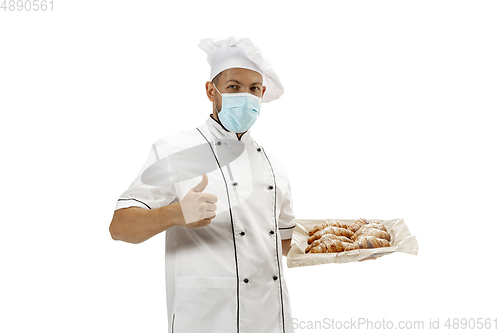 Image of Cooker, chef, baker in uniform isolated on white background, gourmet.