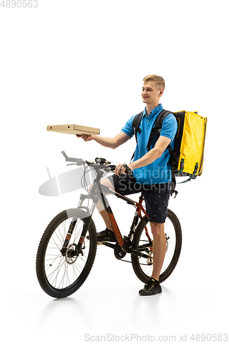 Image of Deliveryman isolated on white studio background. Contacless delivery service during quarantine.