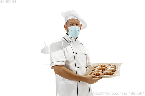 Image of Cooker, chef, baker in uniform isolated on white background, gourmet.