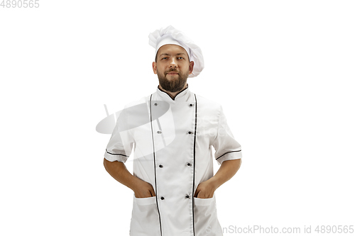 Image of Cooker, chef, baker in uniform isolated on white background, gourmet.