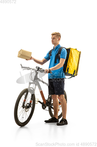 Image of Deliveryman isolated on white studio background. Contacless delivery service during quarantine.