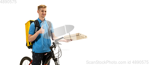 Image of Deliveryman isolated on white studio background. Contacless delivery service during quarantine.