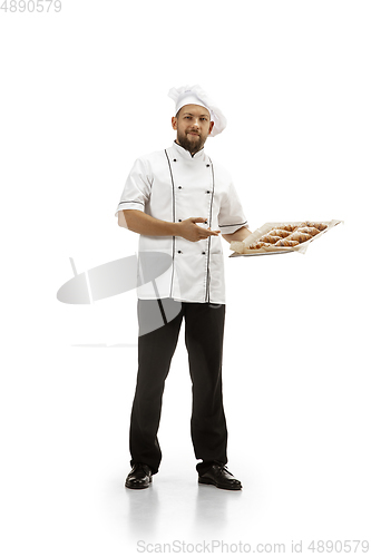 Image of Cooker, chef, baker in uniform isolated on white background, gourmet.