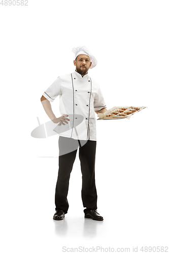 Image of Cooker, chef, baker in uniform isolated on white background, gourmet.