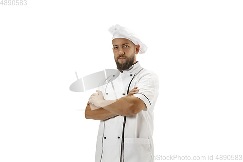 Image of Cooker, chef, baker in uniform isolated on white background, gourmet.