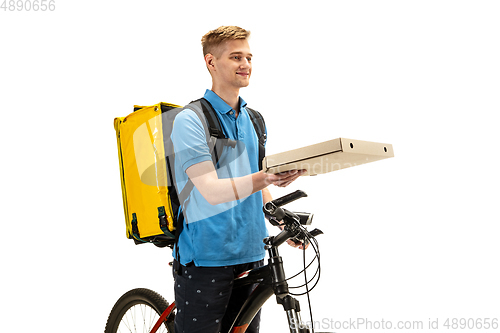 Image of Deliveryman isolated on white studio background. Contacless delivery service during quarantine.