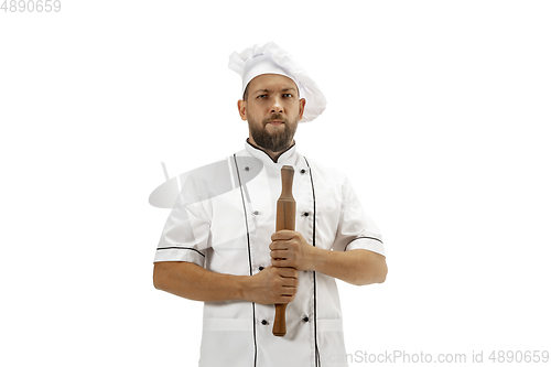 Image of Cooker, chef, baker in uniform isolated on white background, gourmet.