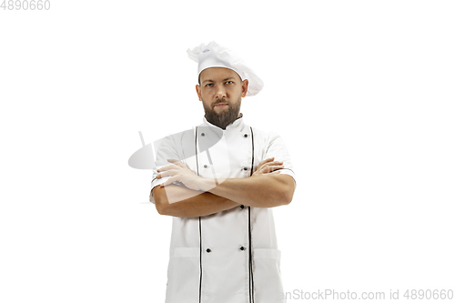 Image of Cooker, chef, baker in uniform isolated on white background, gourmet.