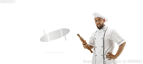 Image of Cooker, chef, baker in uniform isolated on white background, gourmet.