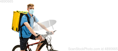 Image of Deliveryman isolated on white studio background. Contacless delivery service during quarantine.