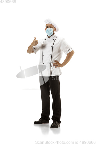 Image of Cooker, chef, baker in uniform isolated on white background, gourmet.