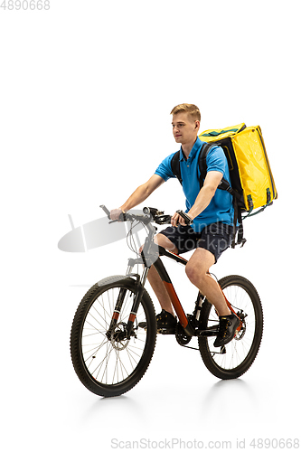 Image of Deliveryman isolated on white studio background. Contacless delivery service during quarantine.