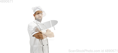 Image of Cooker, chef, baker in uniform isolated on white background, gourmet.