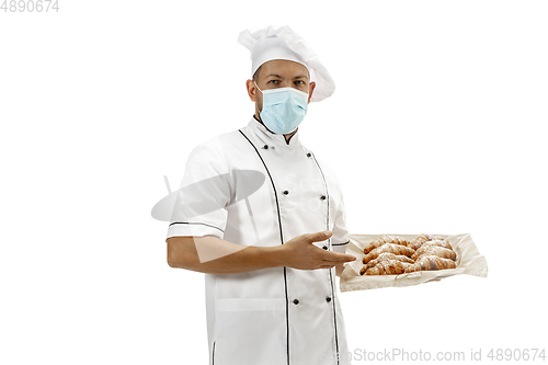 Image of Cooker, chef, baker in uniform isolated on white background, gourmet.