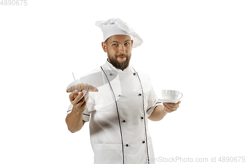 Image of Cooker, chef, baker in uniform isolated on white background, gourmet.