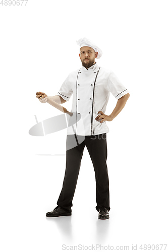 Image of Cooker, chef, baker in uniform isolated on white background, gourmet.