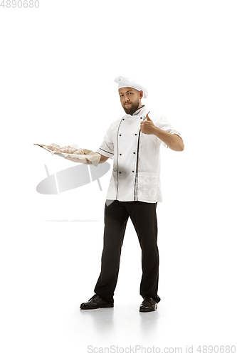 Image of Cooker, chef, baker in uniform isolated on white background, gourmet.