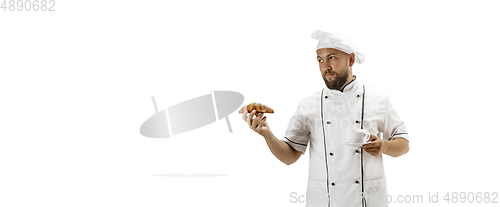 Image of Cooker, chef, baker in uniform isolated on white background, gourmet.