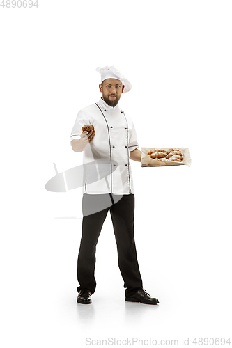 Image of Cooker, chef, baker in uniform isolated on white background, gourmet.