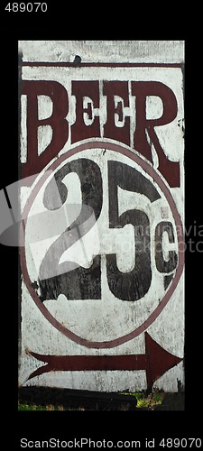 Image of An old weather beaten sign advertising 25 cent beer