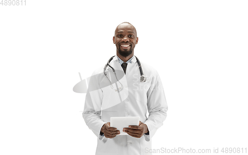 Image of African-american doctor isolated on white background, professional occupation